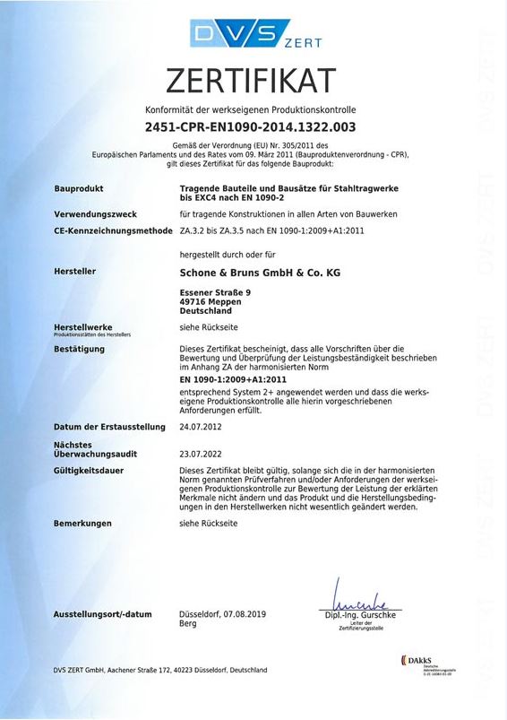 Zertifikat EN 1090-1:2009+A1:2011 - Schone & Bruns